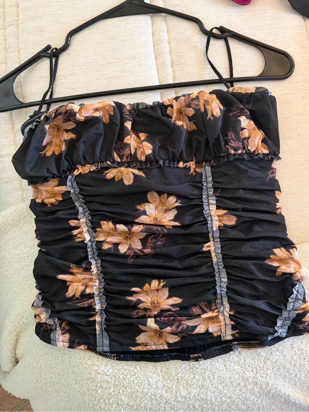 Free People Black Floral Ruched Strapless Top with Peach Blossoms